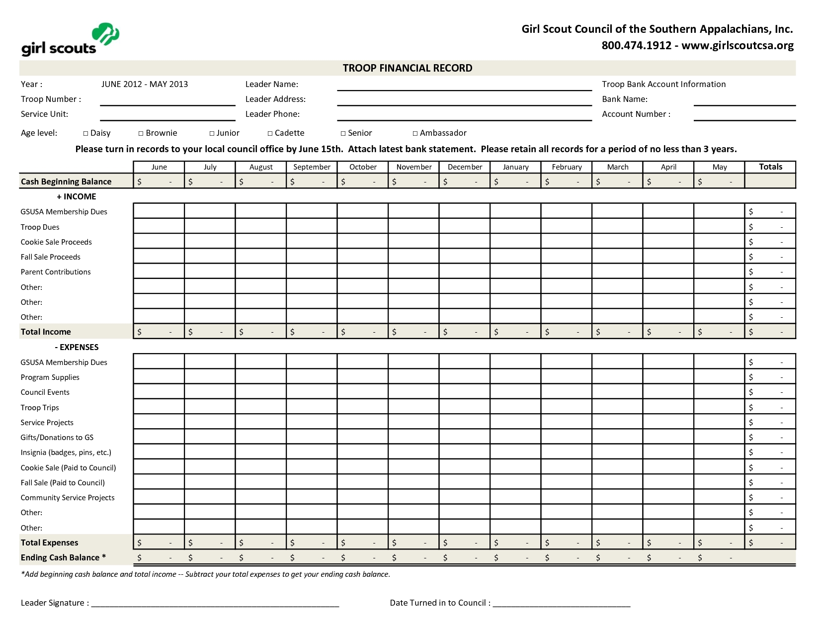 Excel Version Of Troop Financial Record Girl Scout Council