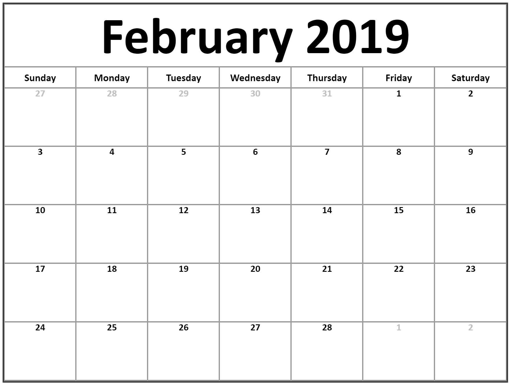 February 2019 Calendar Calendar Template Printablefebruary 2019 