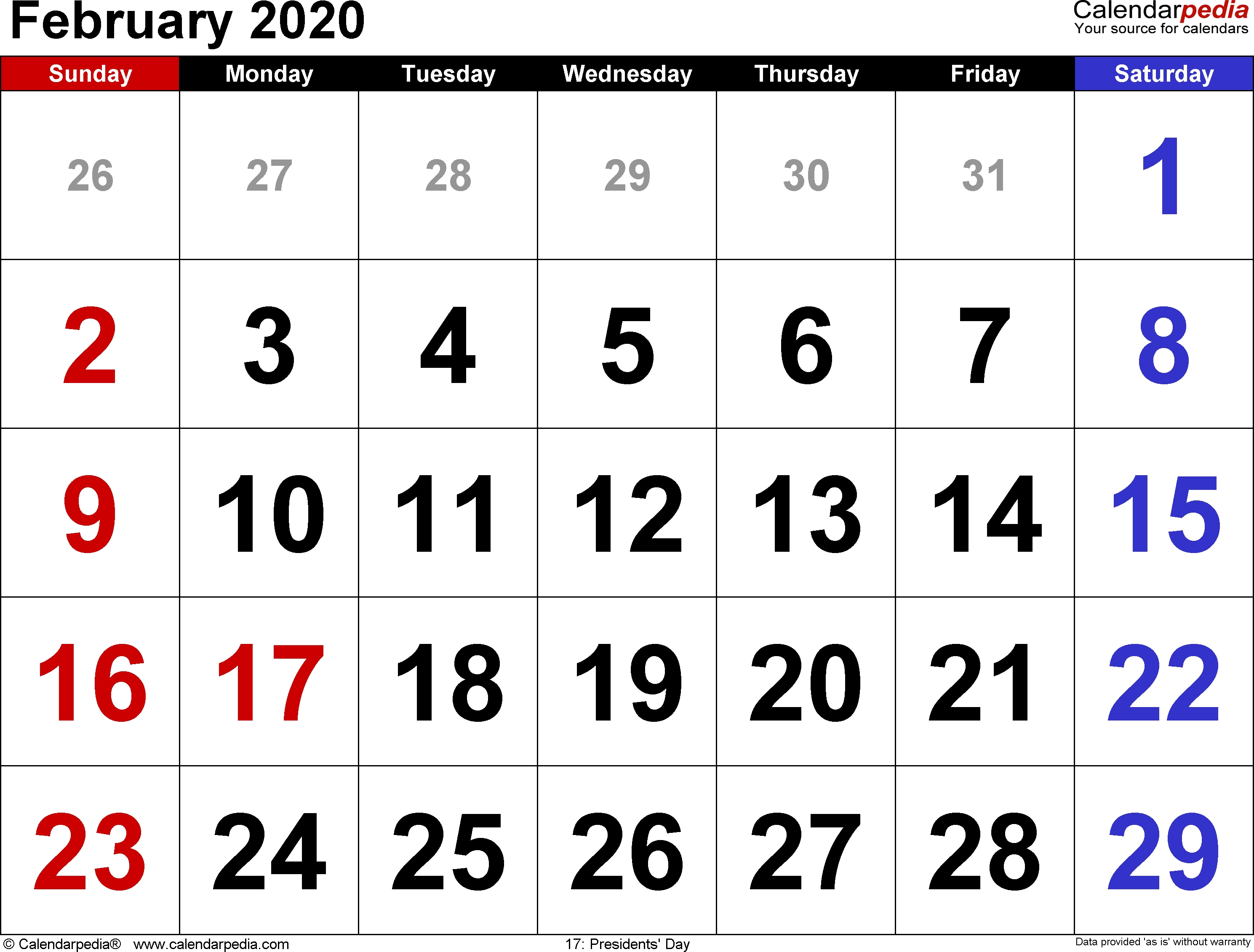 February 2020 Calendars For Word Excel Pdf 