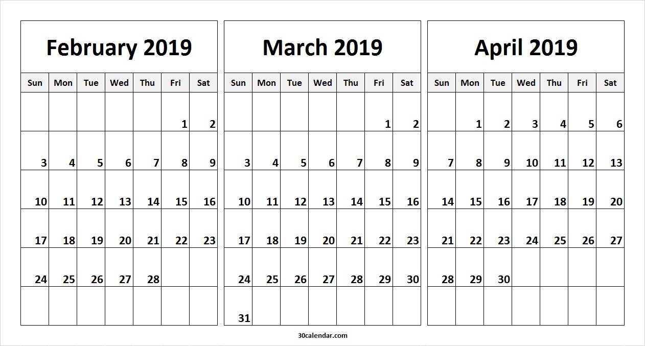 February March April 2019 Calendar 30 Day Calendar 