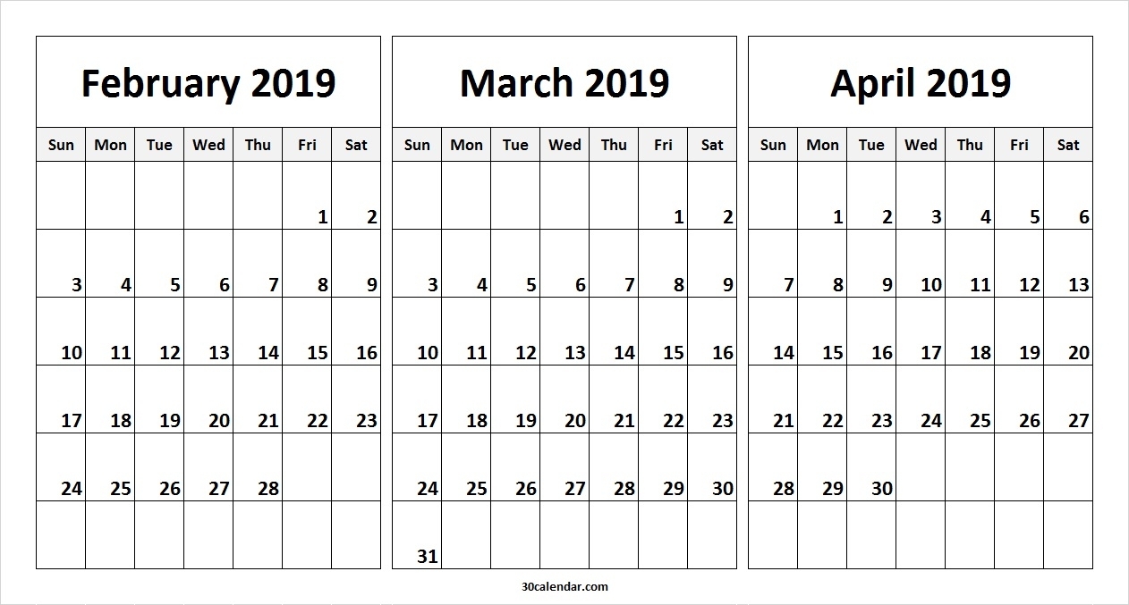 February March April 2019 Calendar 30 Day Calendar Jazz Gear