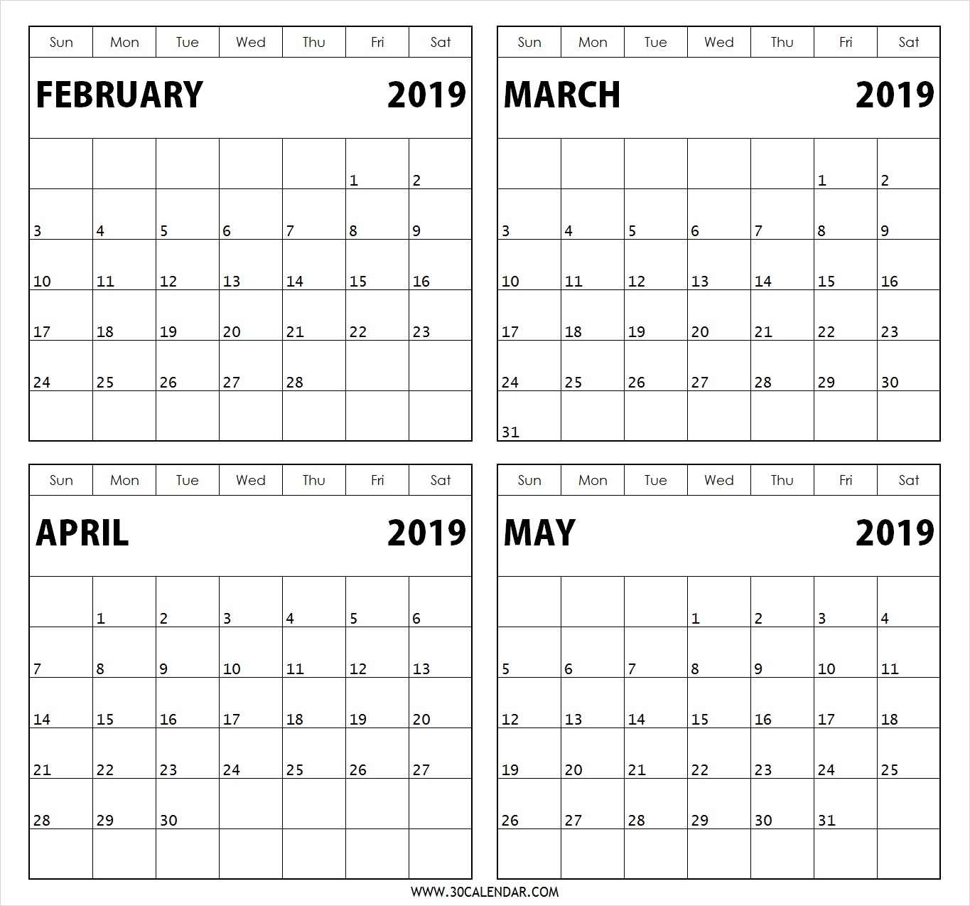 February March April May 2019 Calendar 4 Months Printable Template 