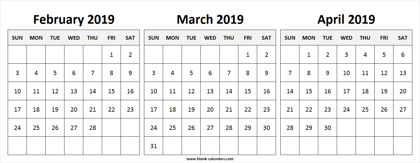 February To April 2019 Calendar 3 Print Blank Calendar Template