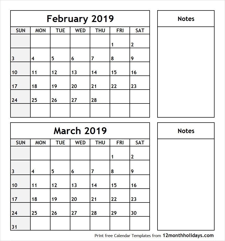 February To March 2019 Calendar With Notes Monthly Calendar 