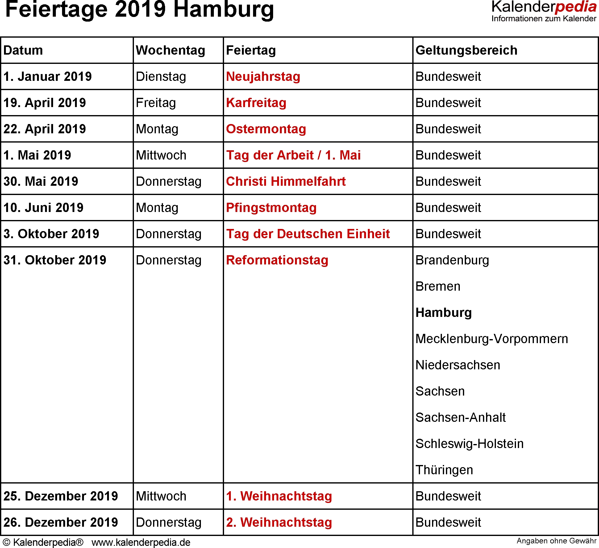 Feiertage Hamburg 2019 2020 2021 Mit Druckvorlagen