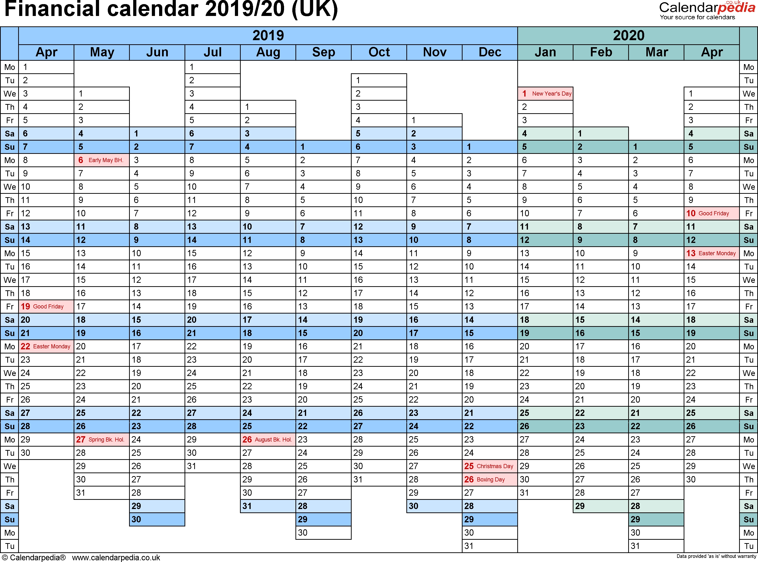 Financial Calendars 201920 Uk In Microsoft Excel Format 