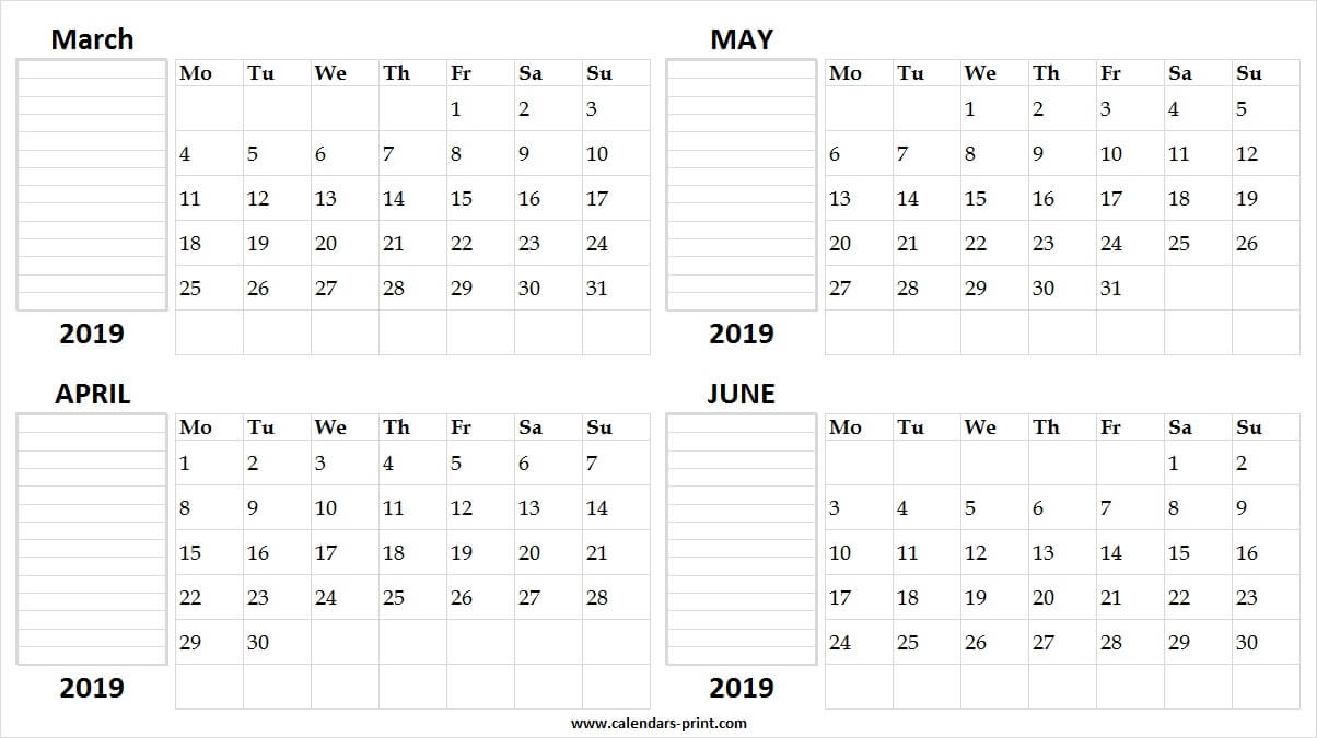 Four Monthly March To June Calendar 2019 Template