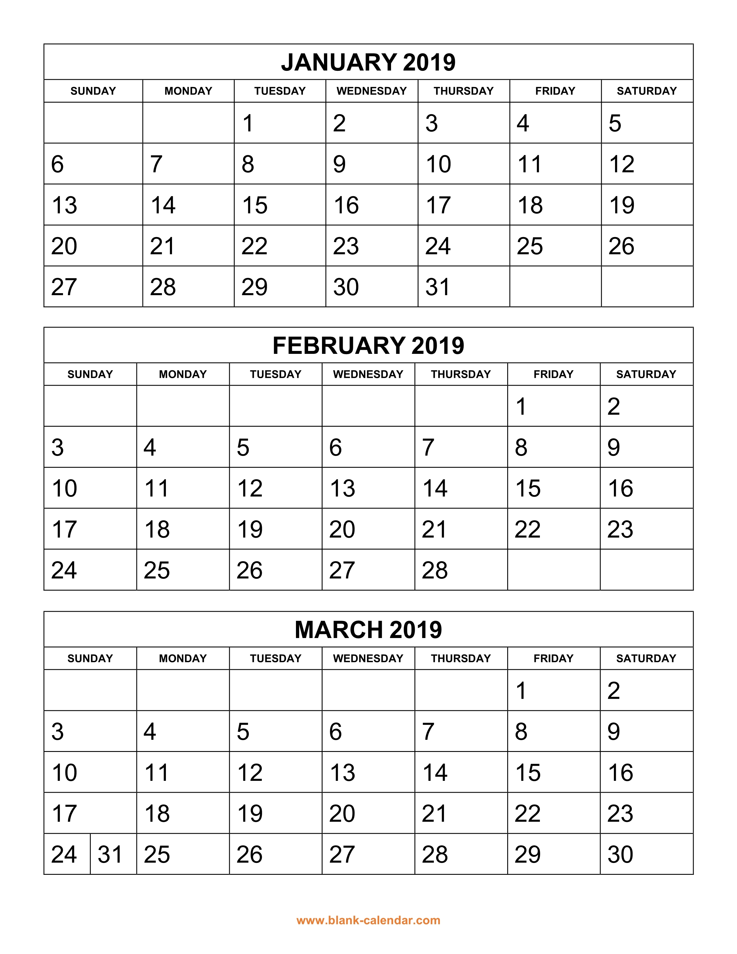 Free Download Printable Calendar 2019 3 Months Per Page 4 Pages 