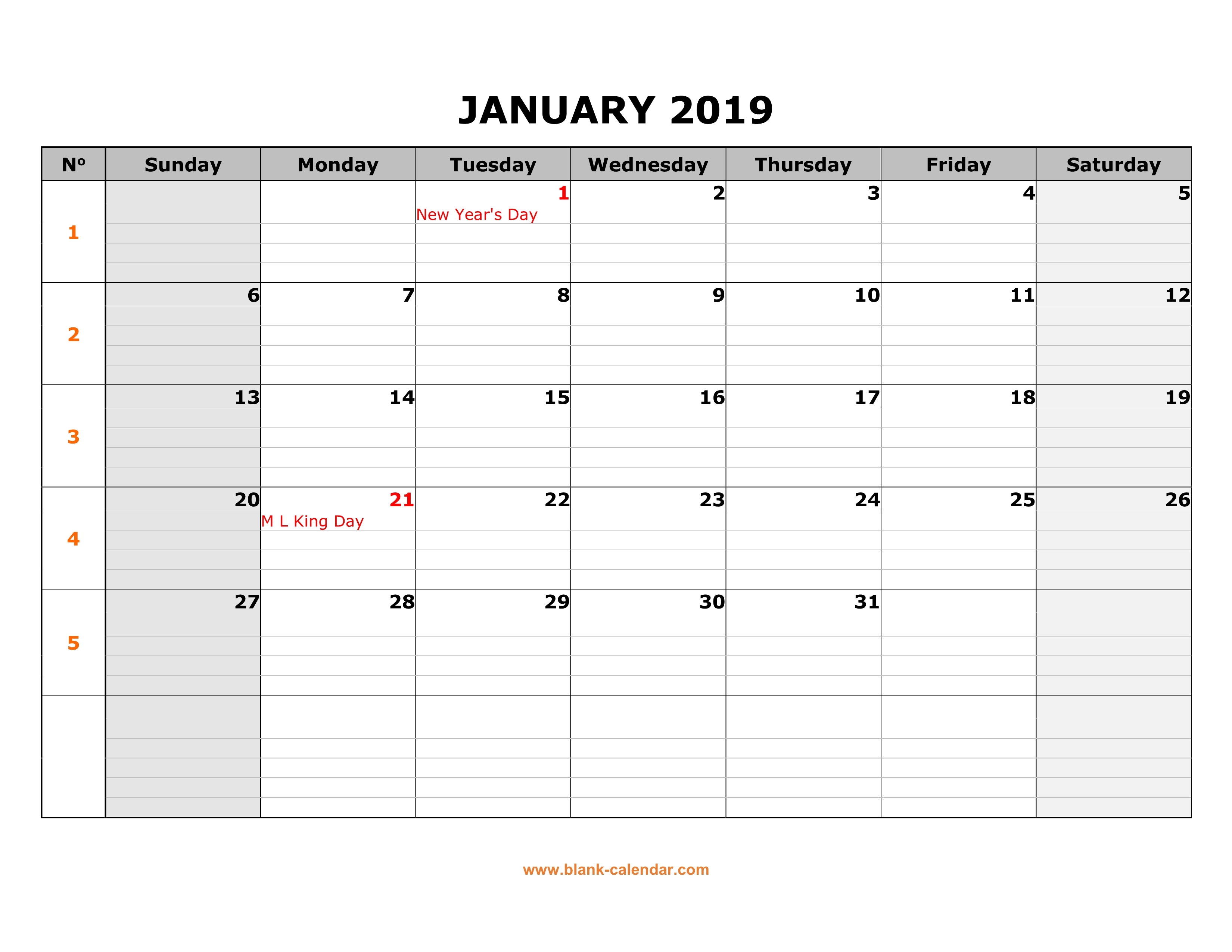 Free Download Printable January 2019 Calendar Large Box Grid Space 