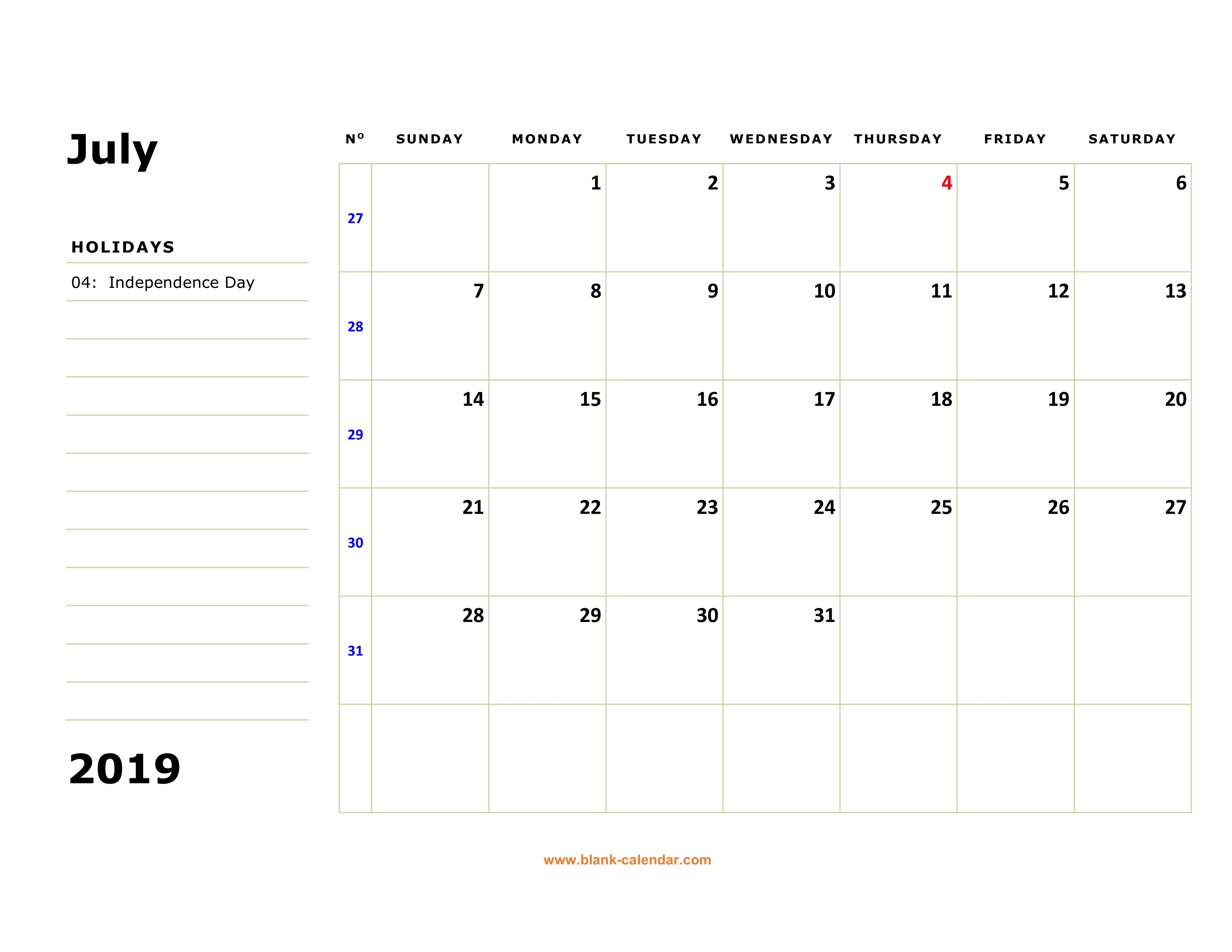 Free Download Printable July 2019 Calendar Large Box Holidays 