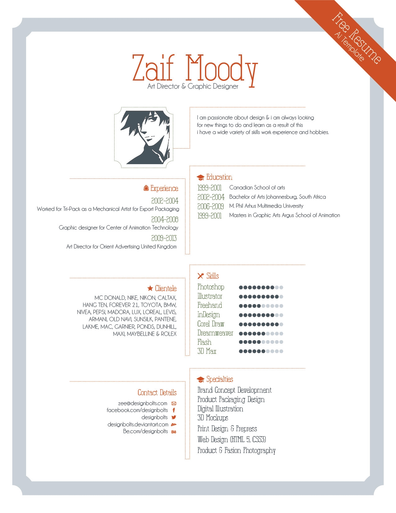 Free Resume Template For Graphic Designers Illustrator Ai Eps File