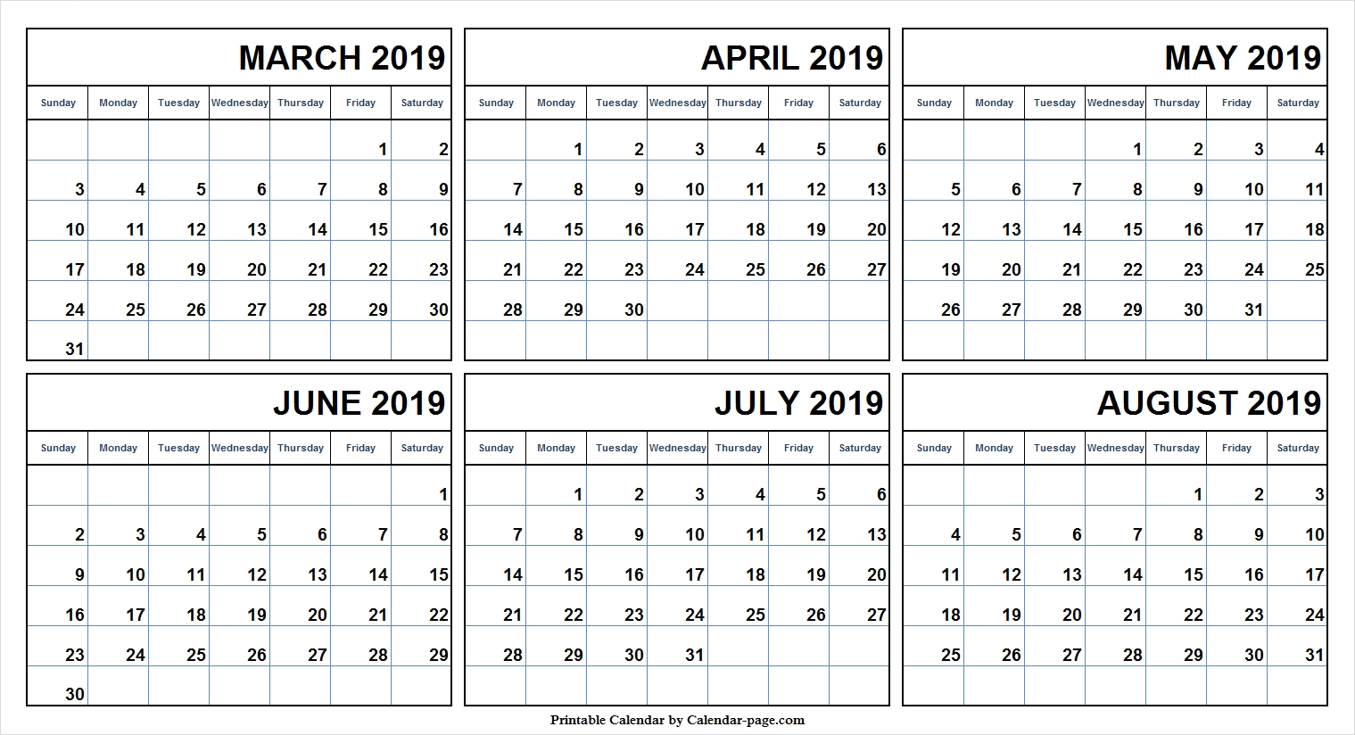 Half Year March August 2019 Calendar Blank 6 Month Calendar 