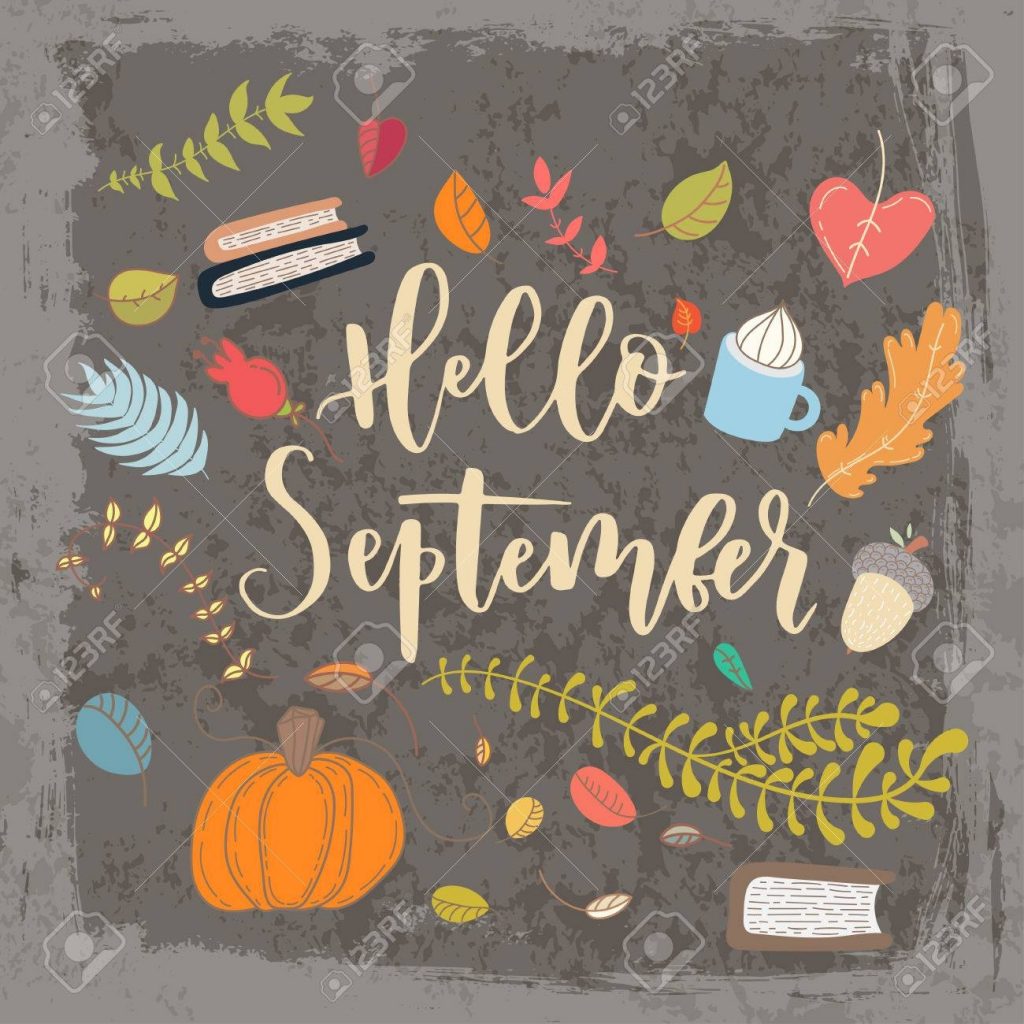 Hand Drawn Grange Vector Card Hello September Hello Autumn