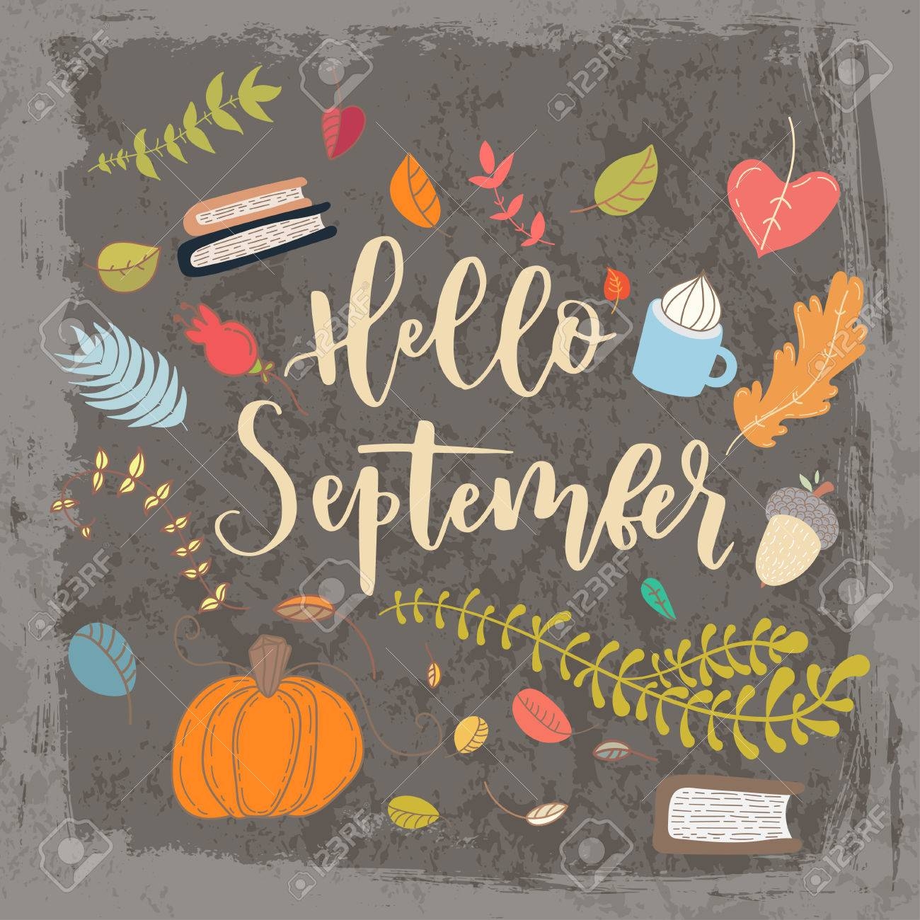 Hand Drawn Grange Vector Card Hello September Hello Autumn