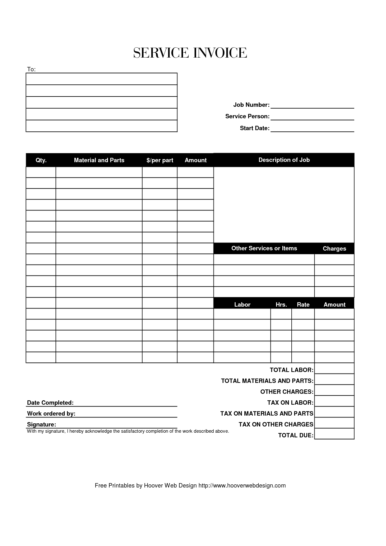 Hoover Receipts Free Printable Service Invoice Template Pdf 