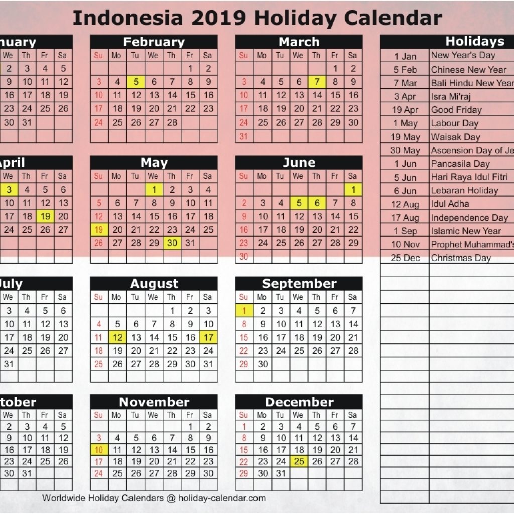 Indonesia 2019 2020 Holiday Calendar