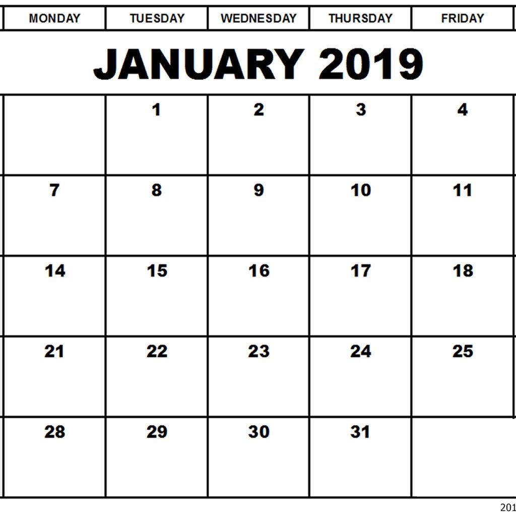 January 2019 Calendar Blank Editable Printable Calendar 2019