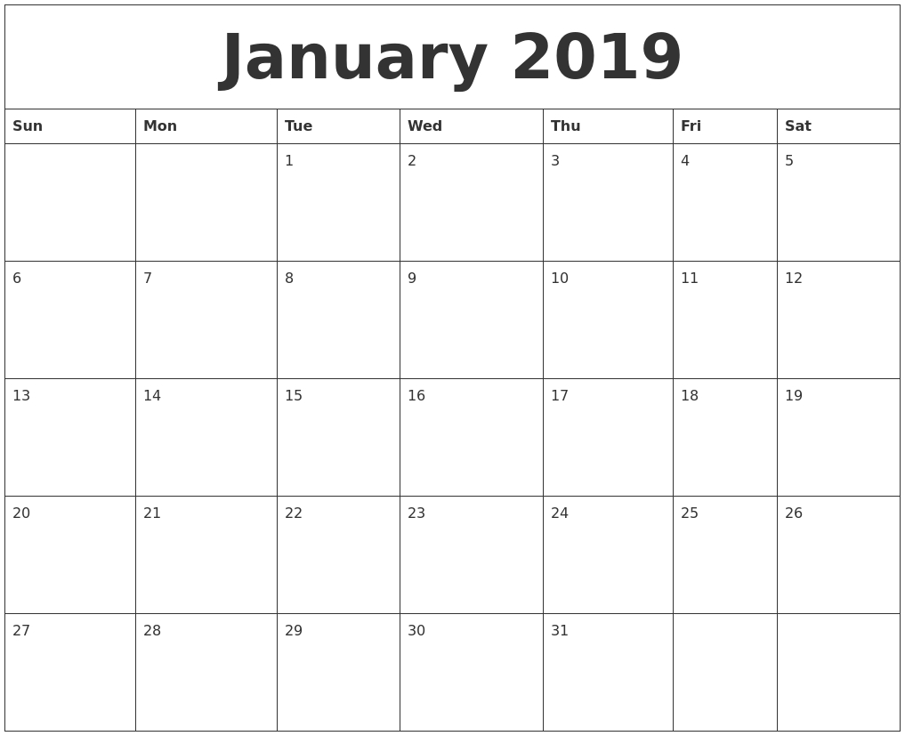 January 2019 Calendar Printable Free Templates Printable 