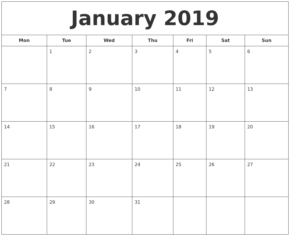 January 2019 Printable Calendar 