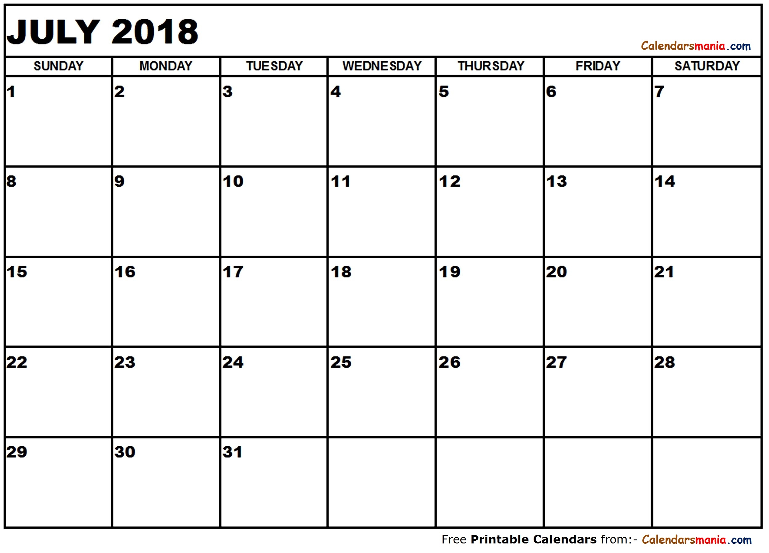 July 2018 Calendar Printable