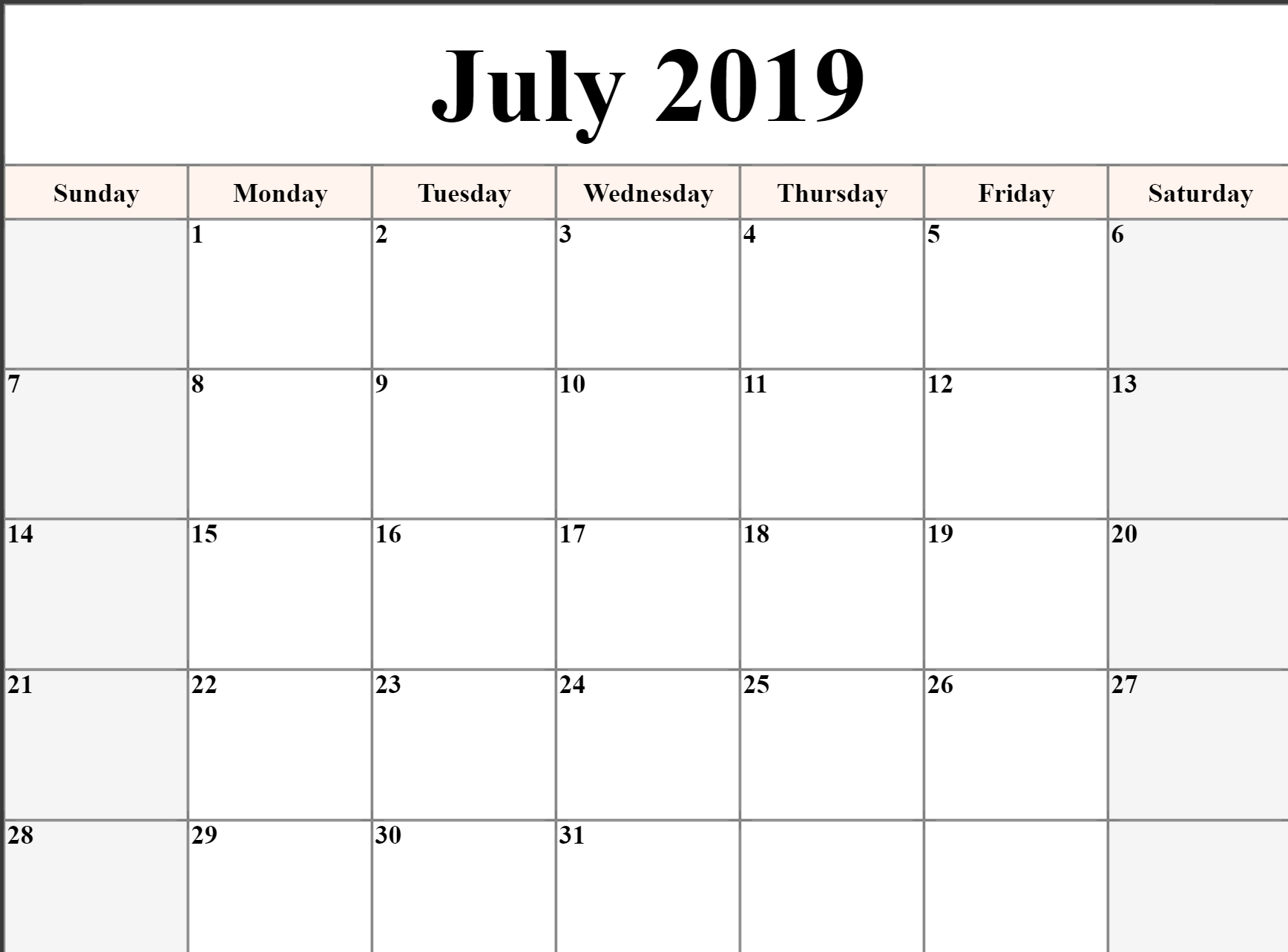 July Calendar 2019 Printable Editable A4 Landscape Portrait 