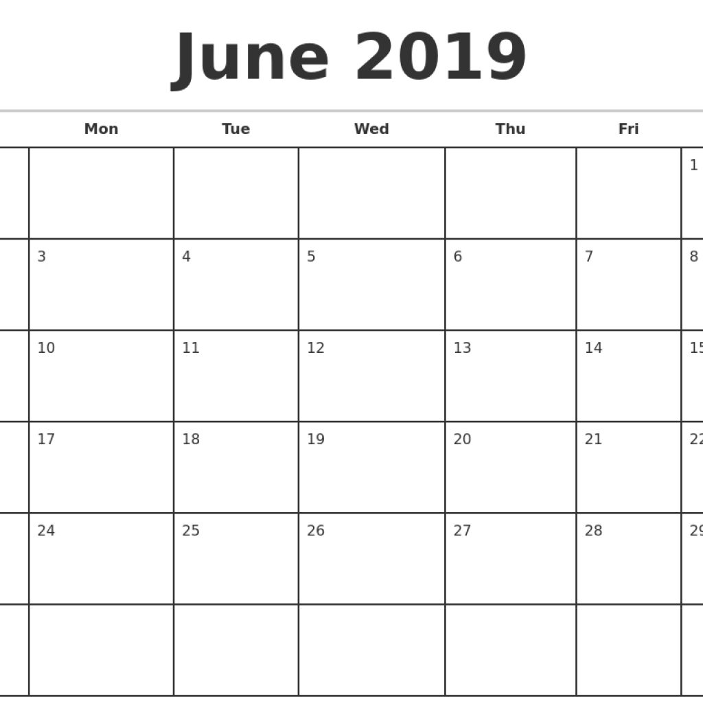 June 2019 Monthly Calendar Template