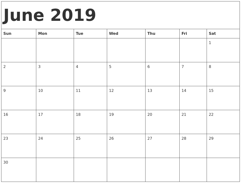 June 2019 Printable Calendar Templates Free Pdf Holidays Free 