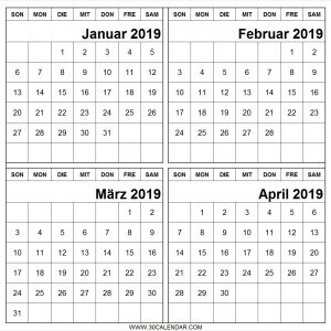 Kalender 2019 Januar Februar Mrz April Vorlage Kalender 4 Monate