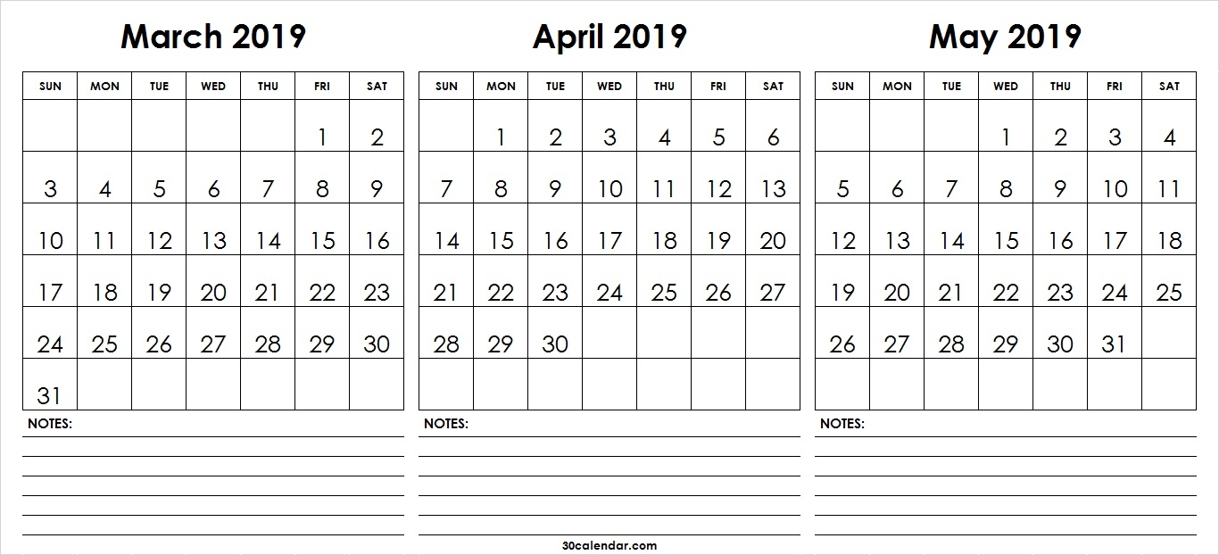 Mar Apr May 2019 Calendar Printable 30 Day Calendar 