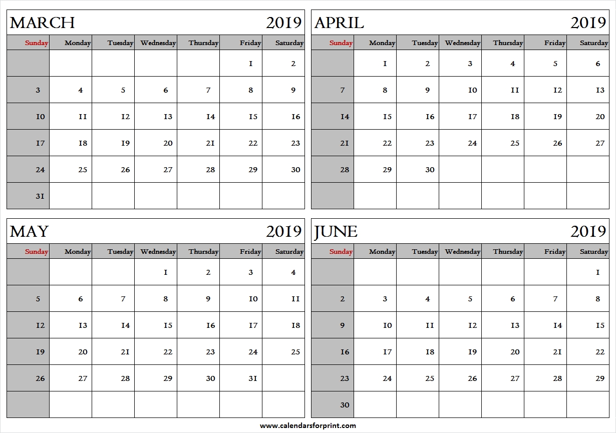 Mar To Jun 2019 Calendar 4 Months 2019 Calendar