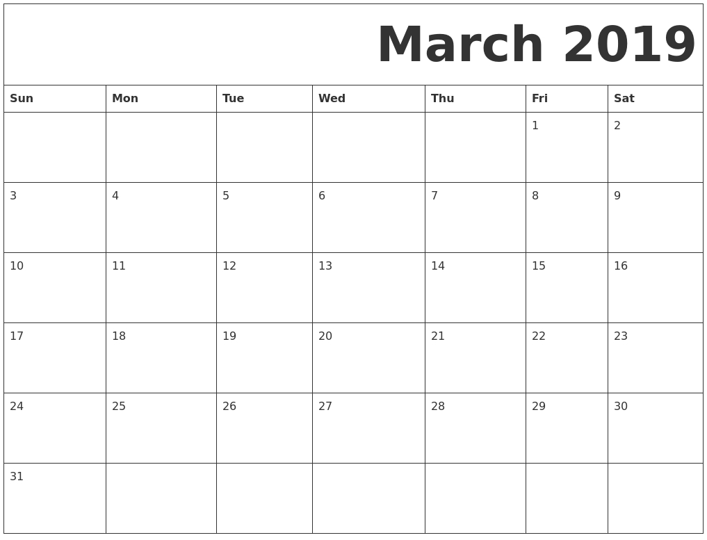 March 2019 Free Printable Calendar 