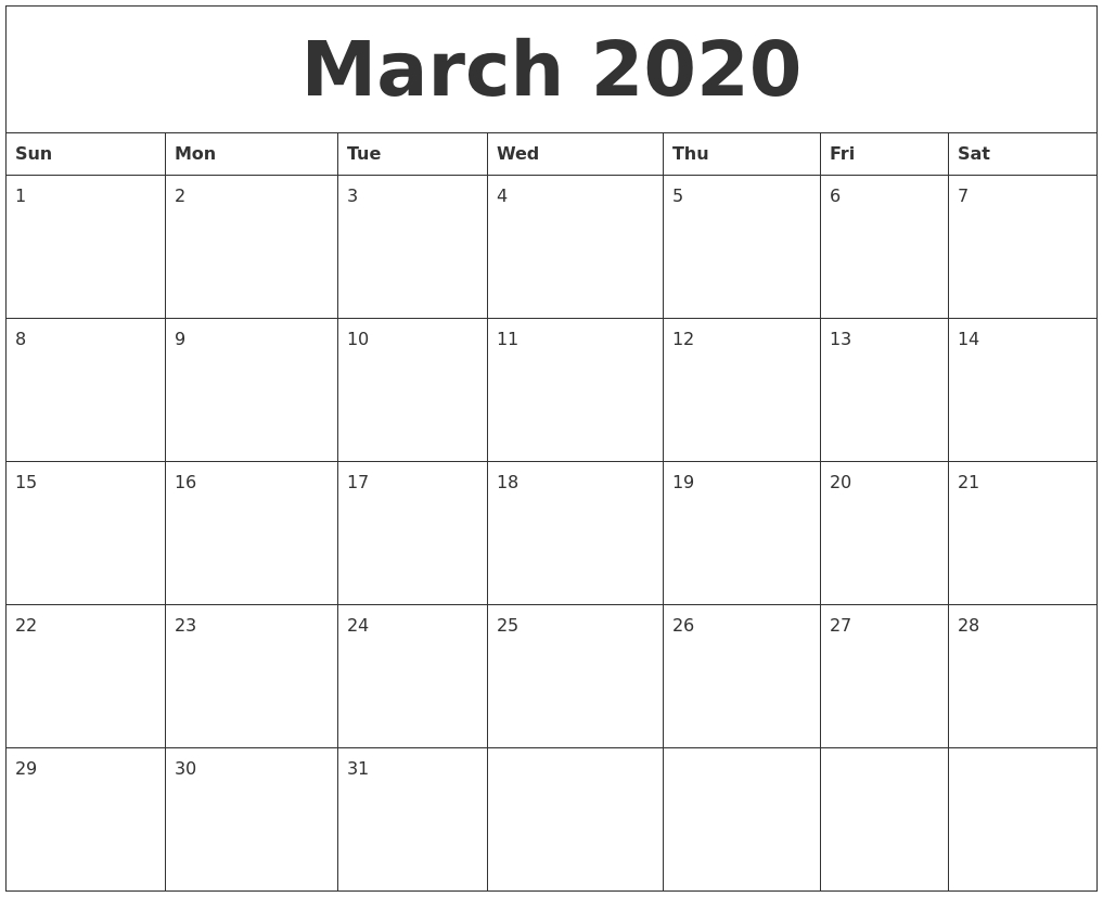 March 2020 Free Monthly Calendar Template 