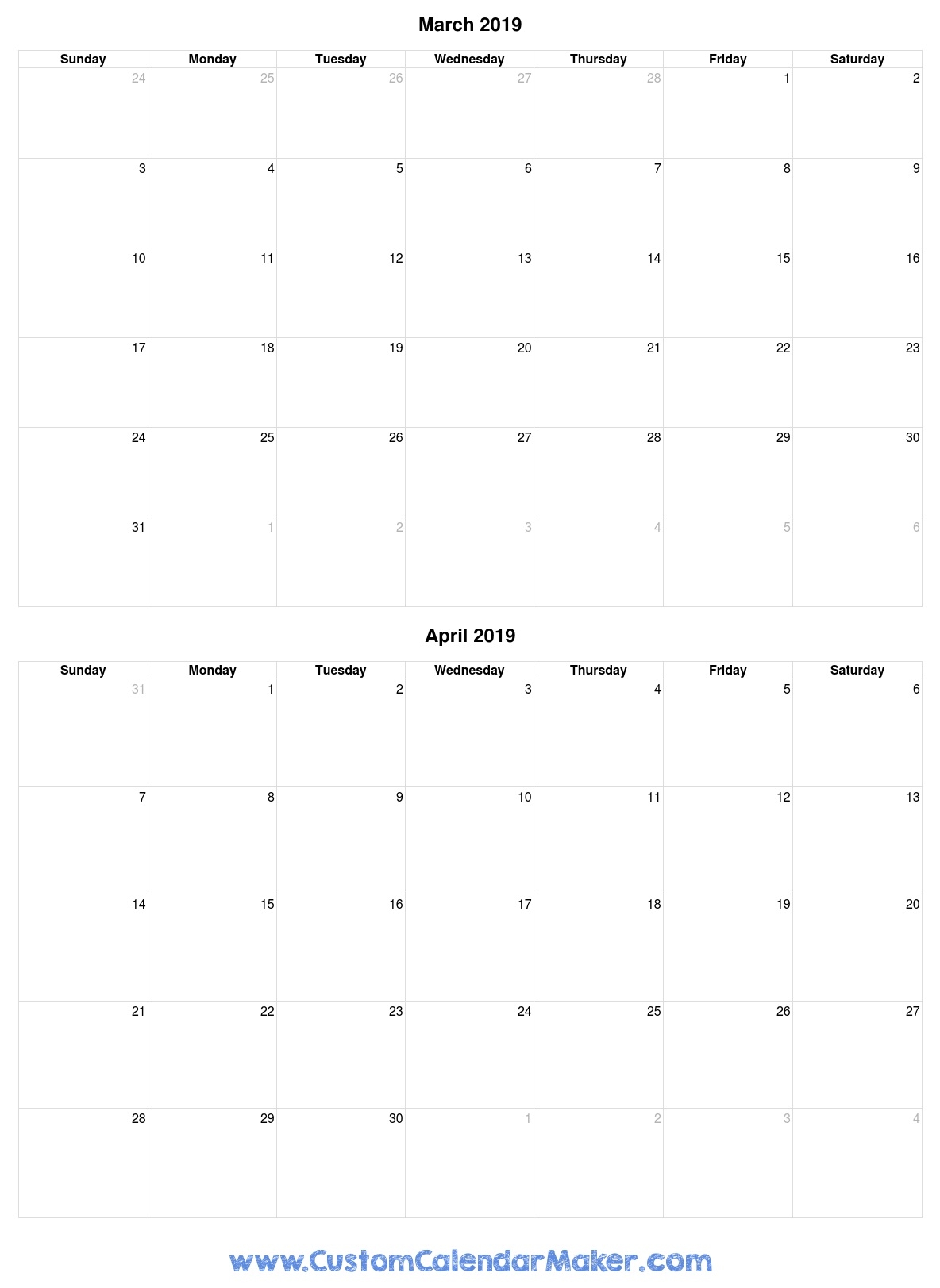 March And April 2019 Free Printable Calendar Template 