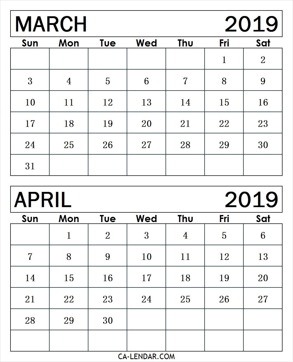 March April 2019 Calendar 2019 Calendar June 2019 Calendar 2019 