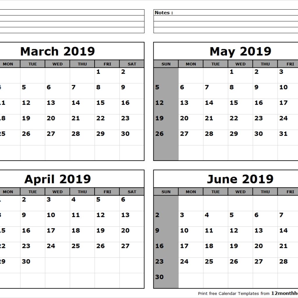 March April May June 2019 Calendar To Print April May June