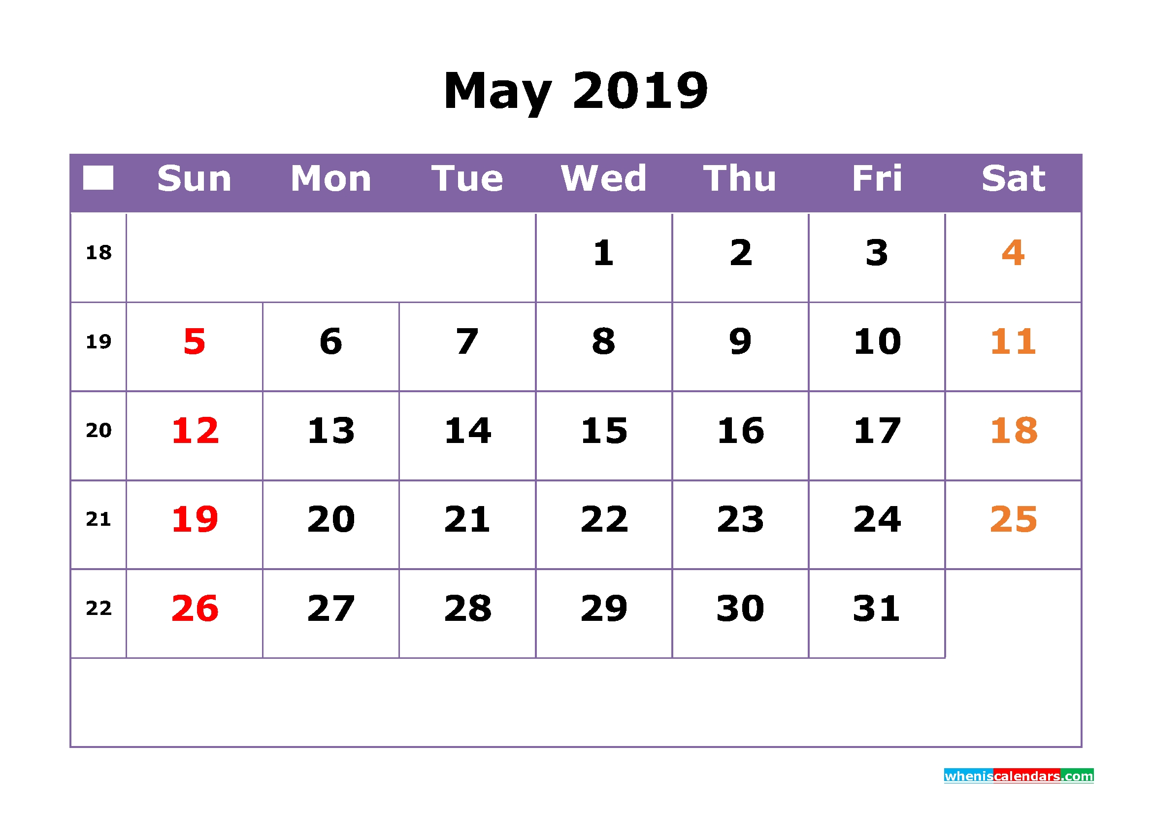 May 2019 Printable Calendar With Week Numbers For Free Download 