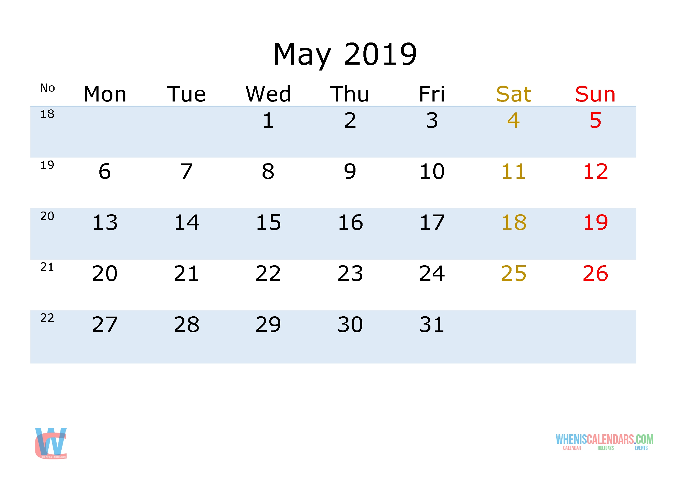 May 2019 Printable Monthly Calendar With Week Numbers Monday 