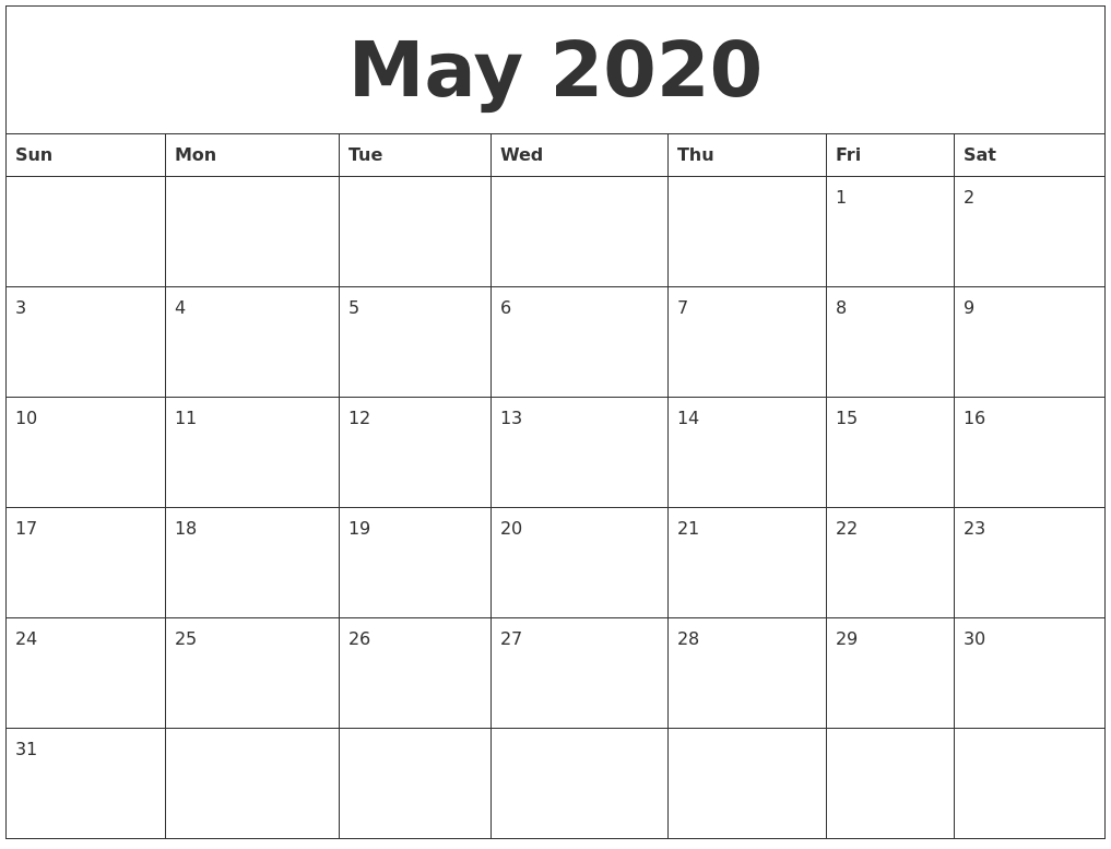 May 2020 Free Printable Calendar Templates