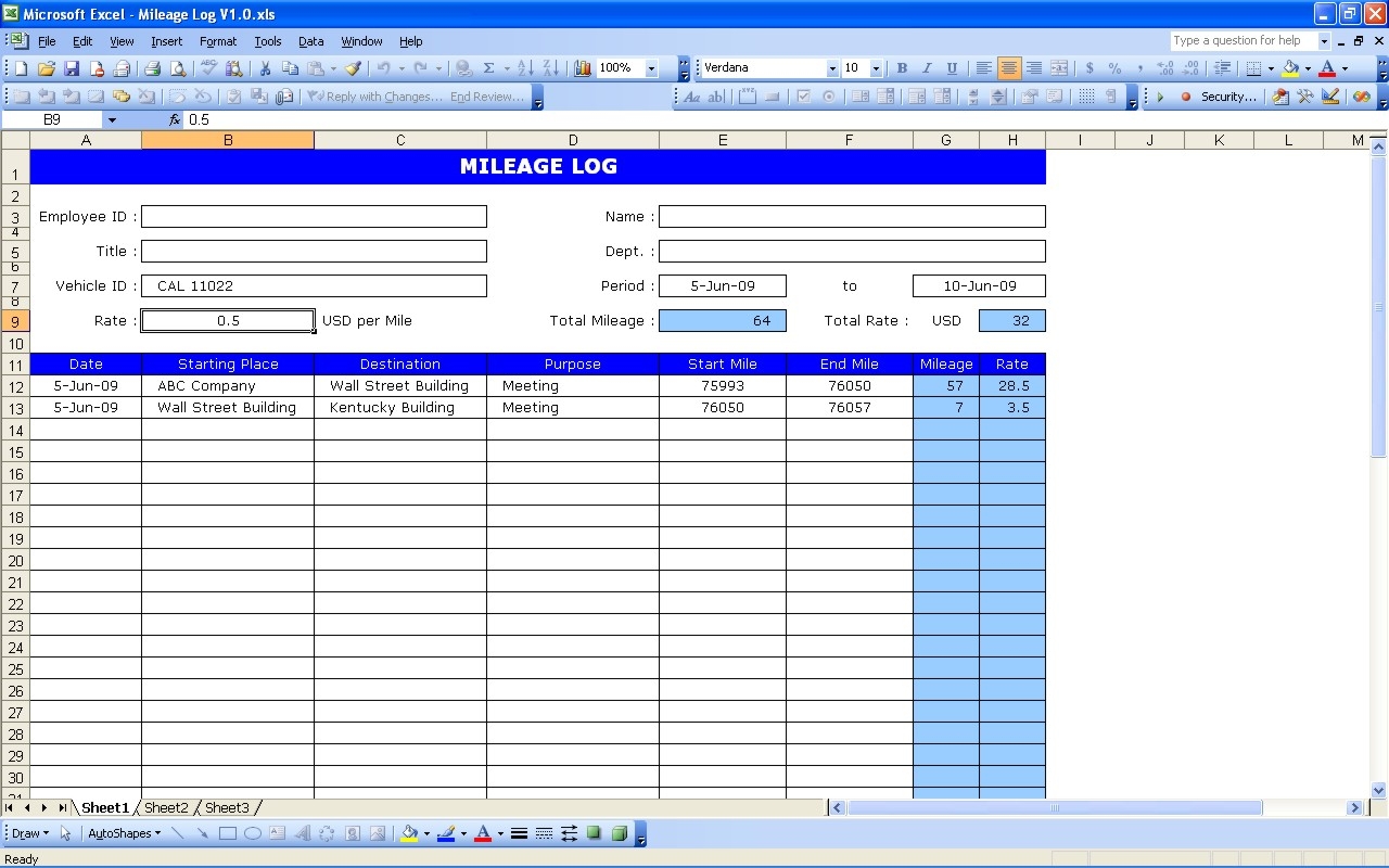 Mileage Log Excel Templates