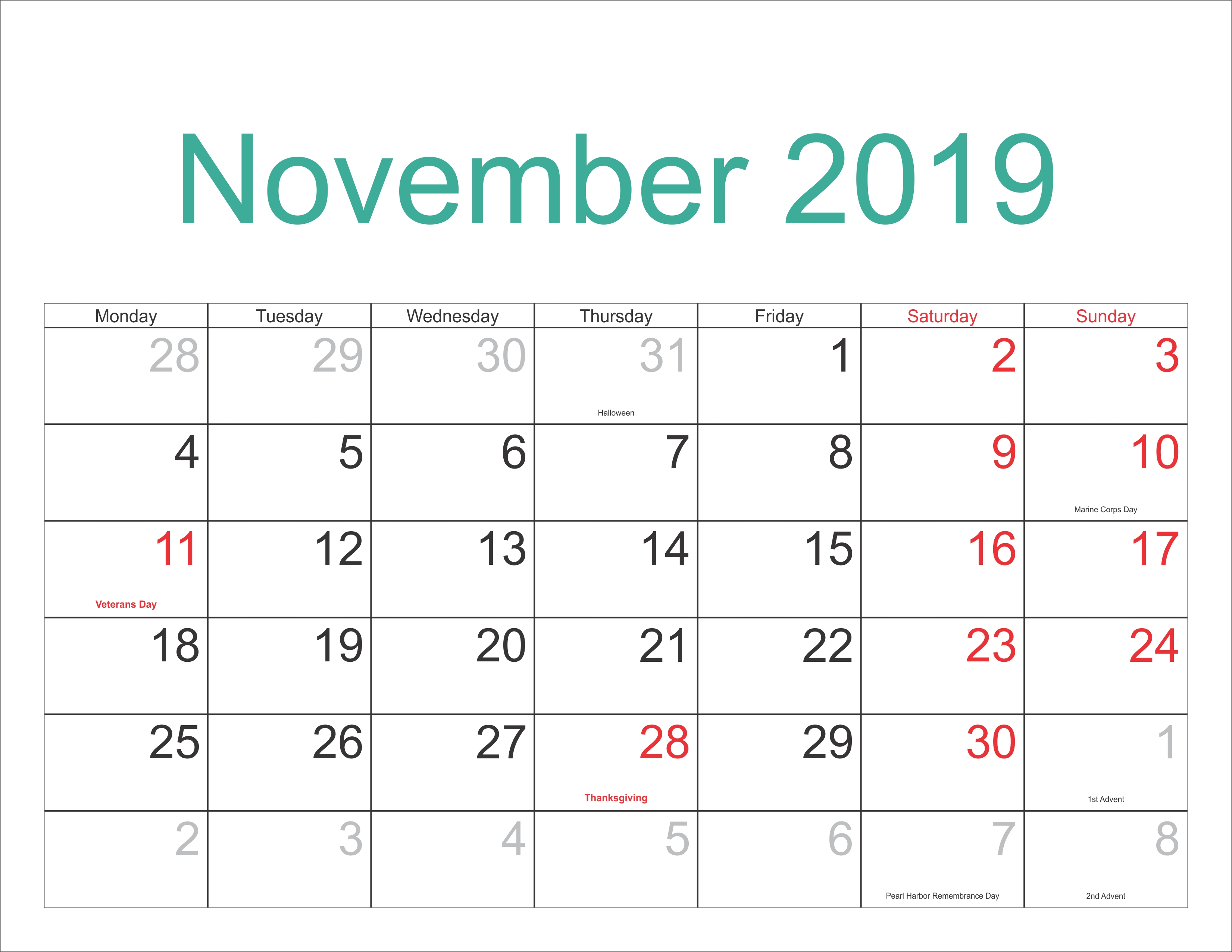 November 2019 Calendar With Holidays November November2019 