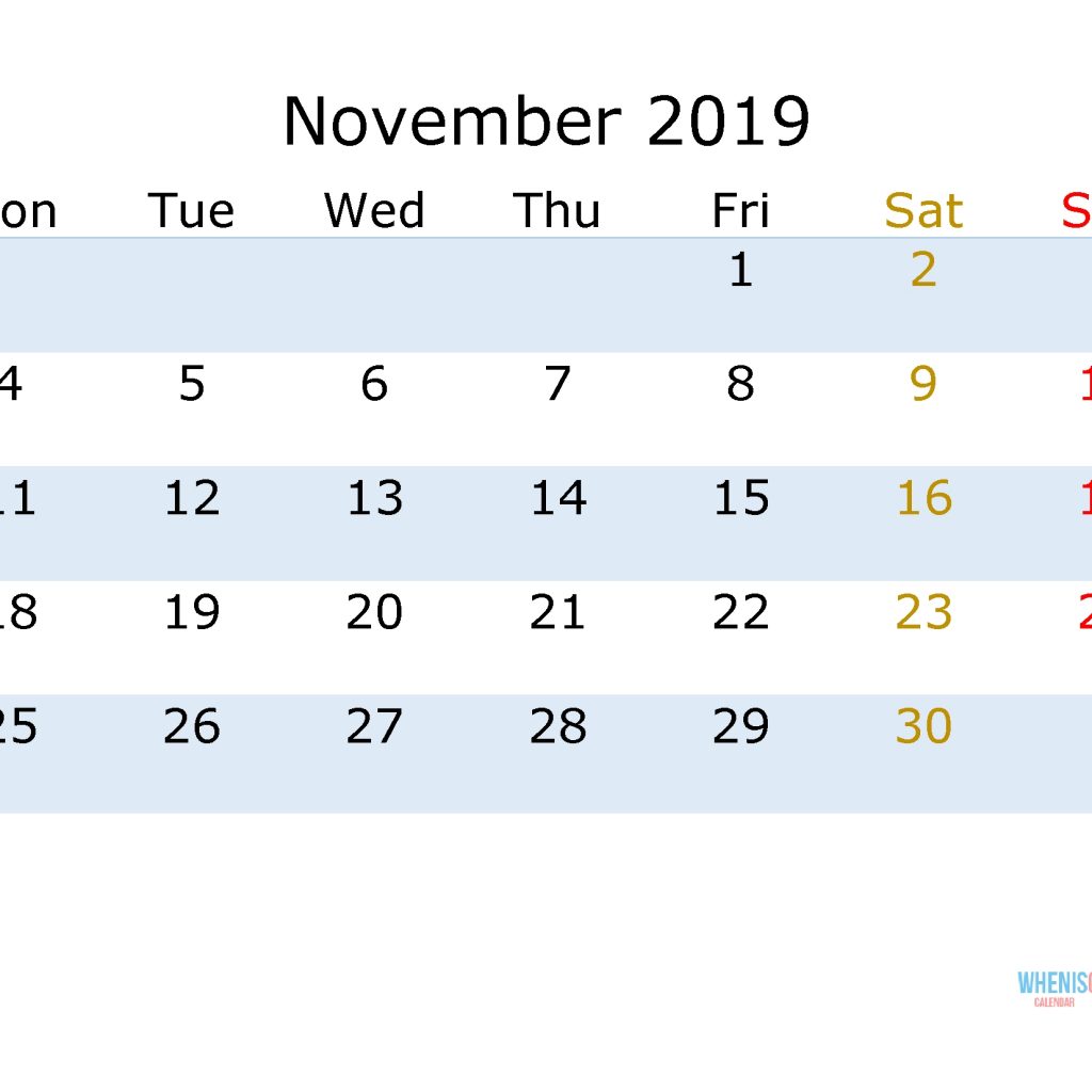 November 2019 Printable Monthly Calendar With Week Numbers Monday