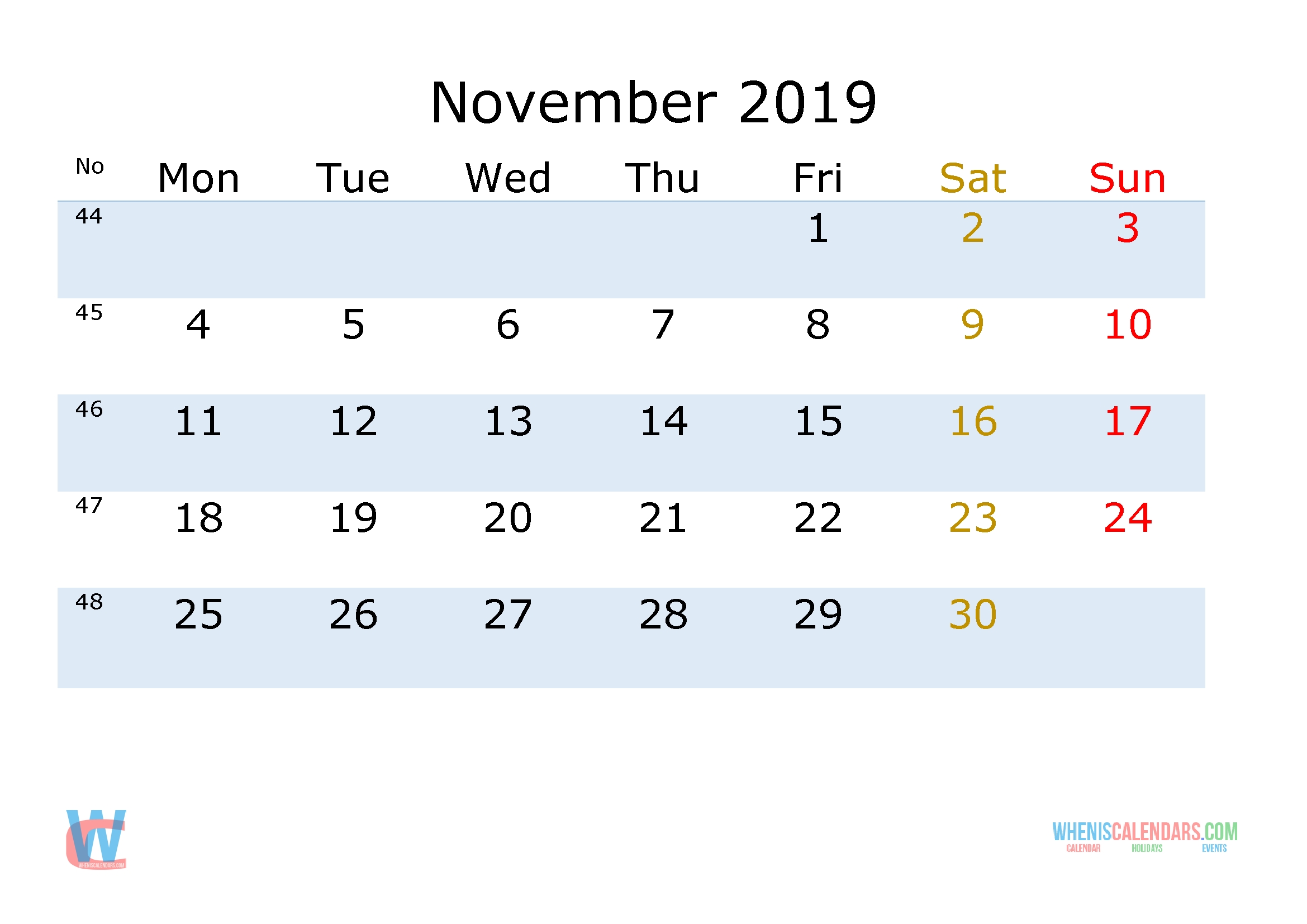 November 2019 Printable Monthly Calendar With Week Numbers Monday 