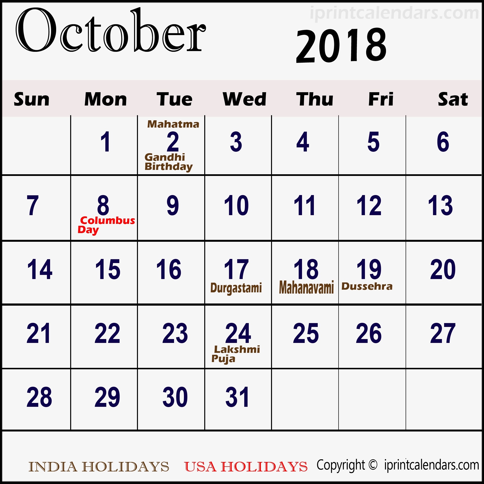 October 2018 Calendar Malaysia 