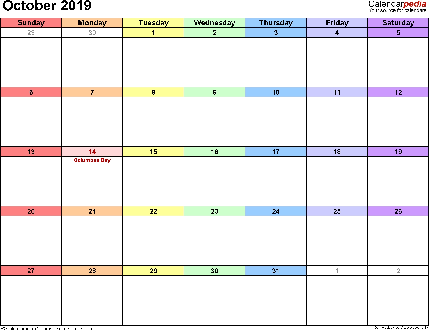 October 2019 Calendars For Word Excel Pdf