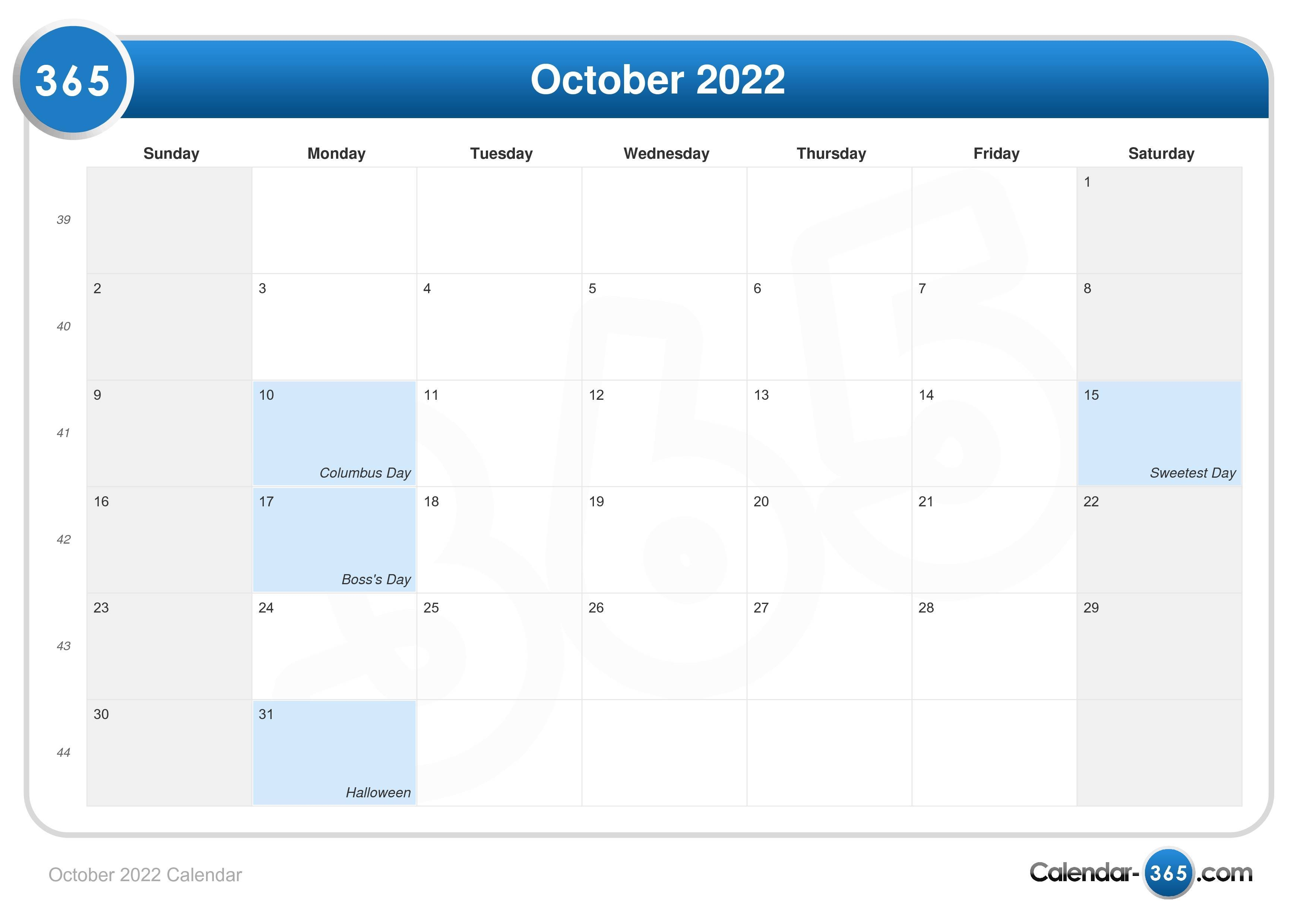 October 2022 Calendar 