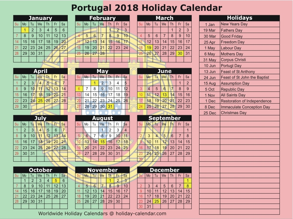 Portugal 2018 2019 Holiday Calendar