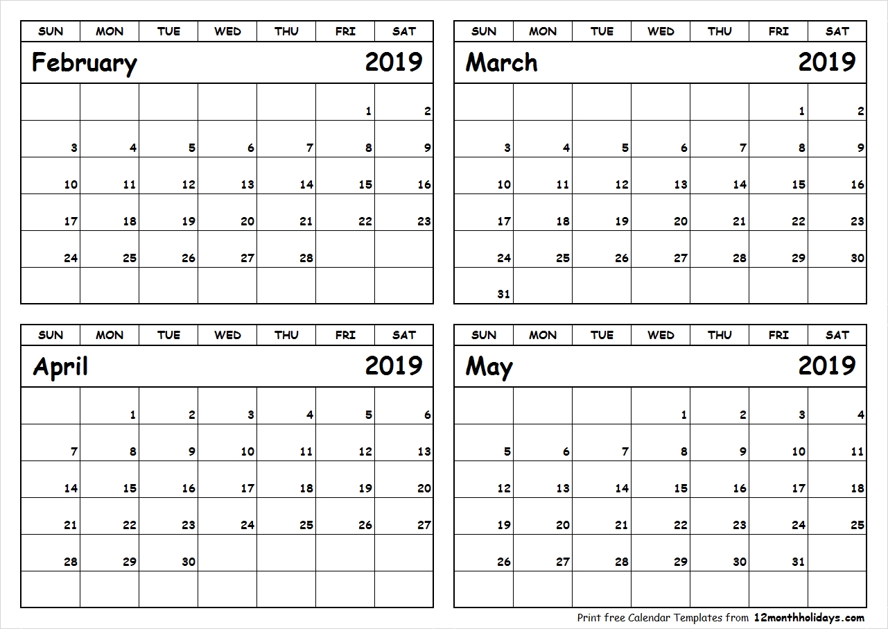 Print February To May 2019 Calendar Template 4 Month Calendar 