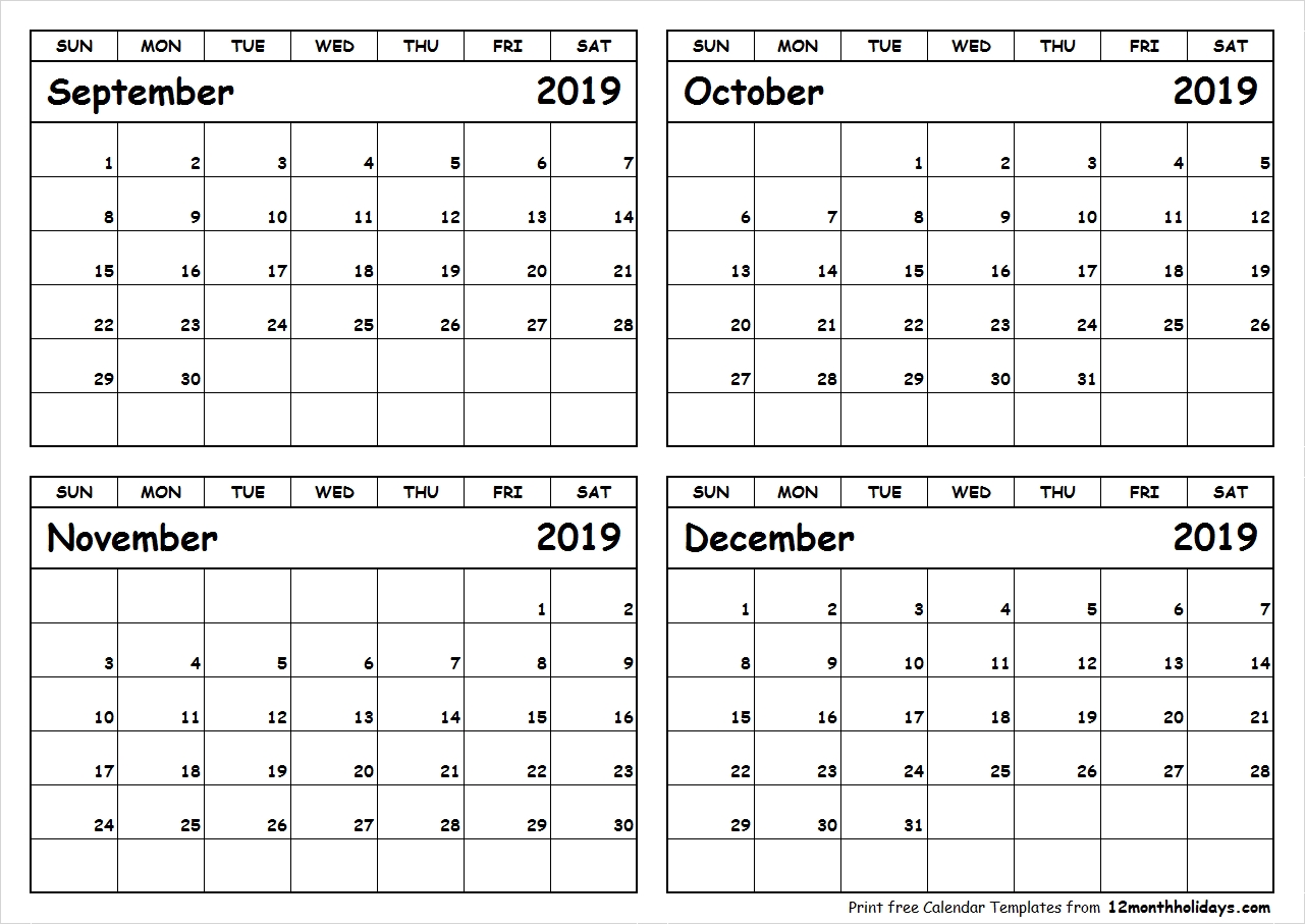 Print September To December 2019 Calendar Template 4 Month