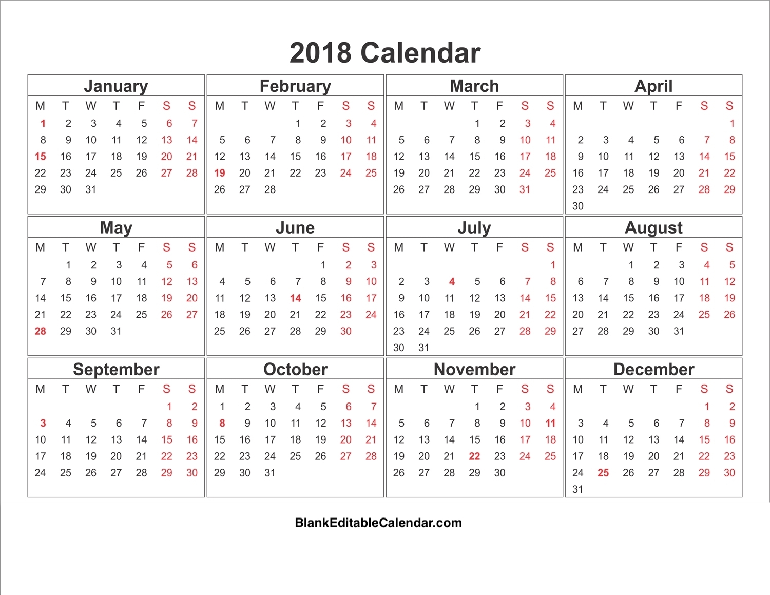 Printable 2018 Calendar Blank Editable Calendar 