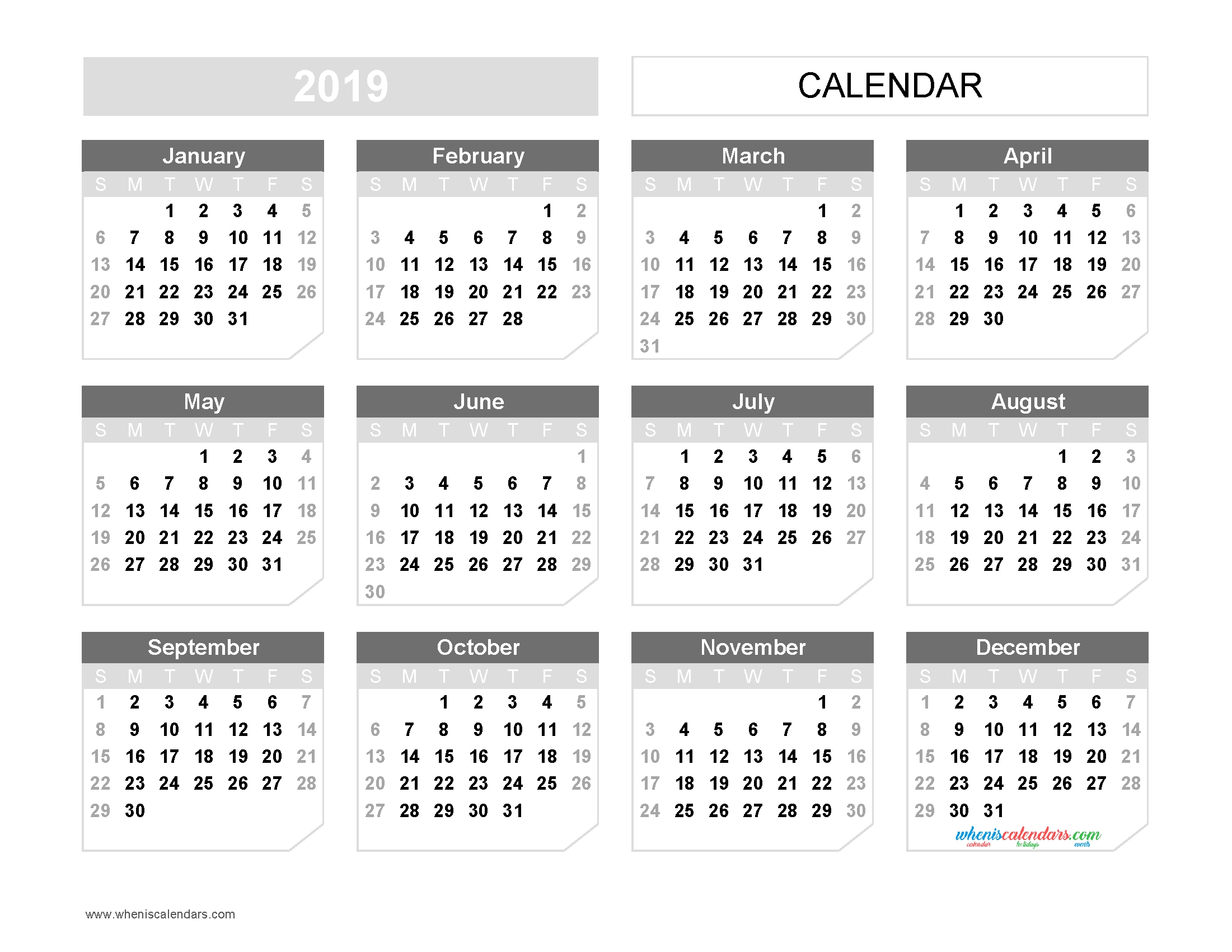 Printable 2019 Yearly Calendar Template Landscape Format Us Edition